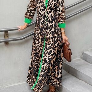 Elegant Leopard Print Long Sleeve Dress with Green Trim